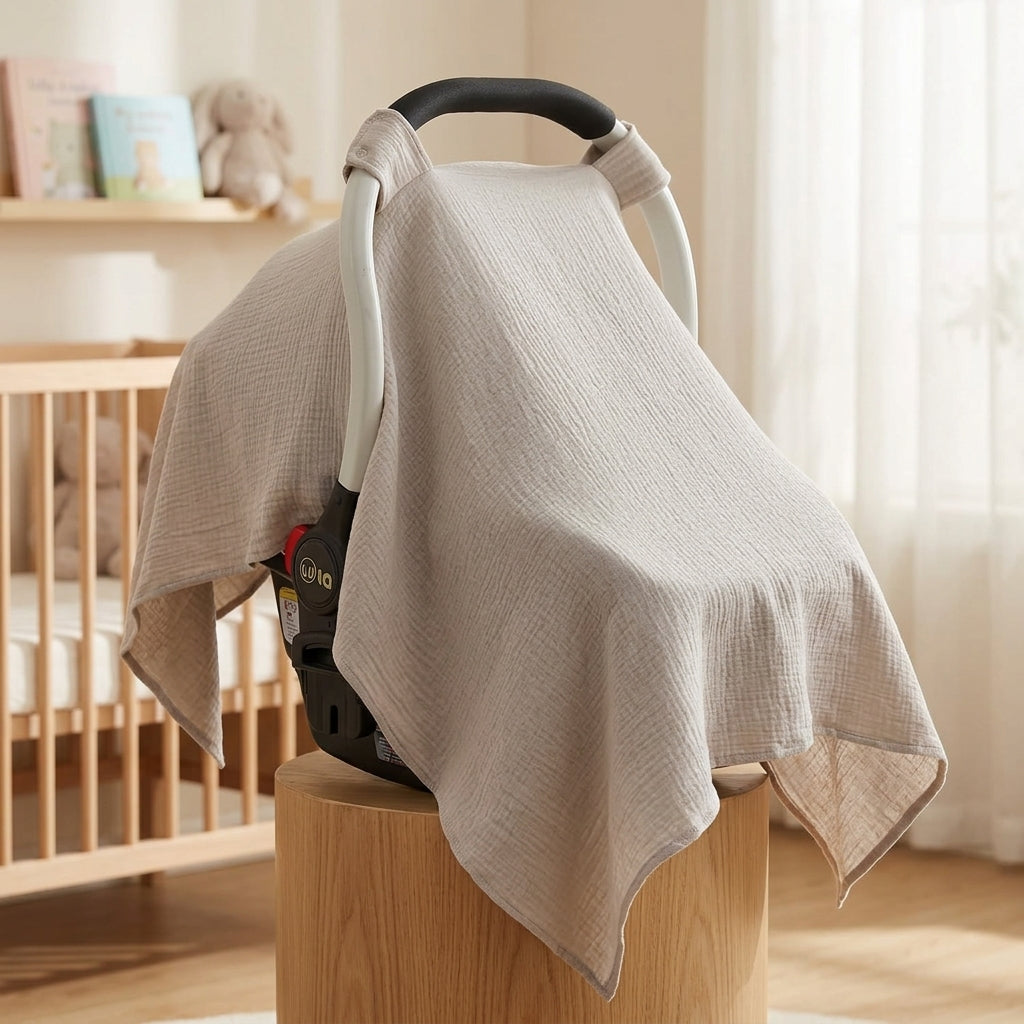 Muslin Cotton Baby Car Seat Cover | Breathable Multi-Use Canopy Cover