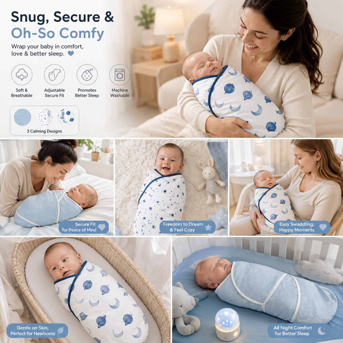 Organic Cotton Baby Swaddle Set (3-Pack) | Soft & Adjustable Newborn Wraps 0–3 Months