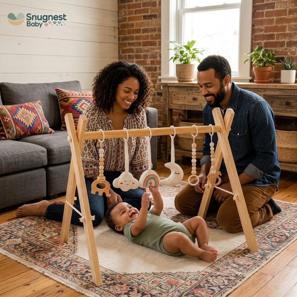 Wooden Baby Play Gym | Foldable Activity Center with Hanging Toys