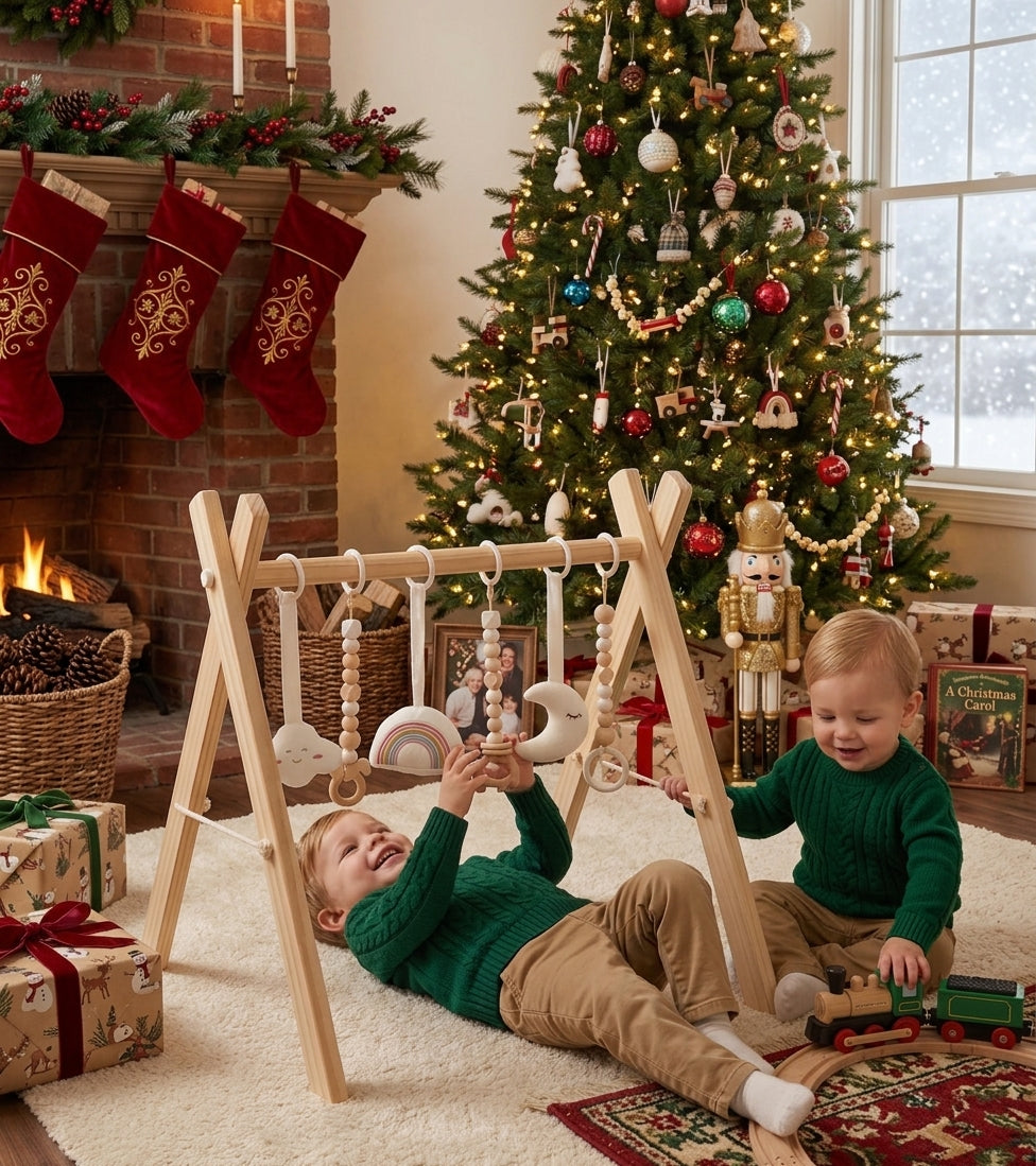 Wooden Baby Play Gym | Foldable Activity Center with Hanging Toys