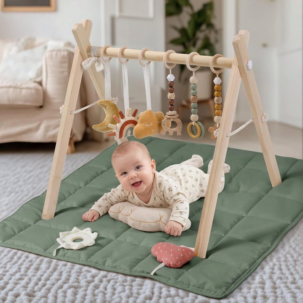 Wooden Baby Play Gym | Foldable Activity Center with Hanging Toys