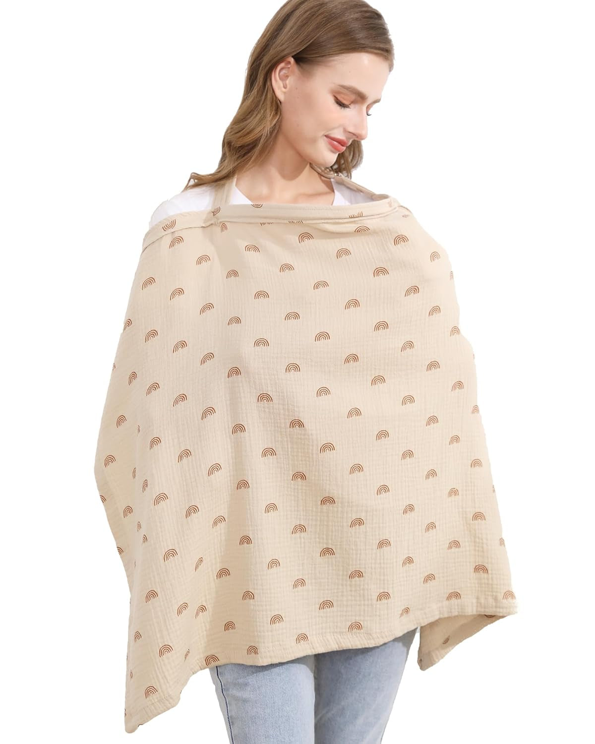 Muslin Nursing Cover for Breastfeeding, Breathable 100% Cotton Privacy Nursing Covers with Rigid Hoop for Mother Nursing Apron, Soft Arch Neckline Nursing Apron (Summer Wheat)