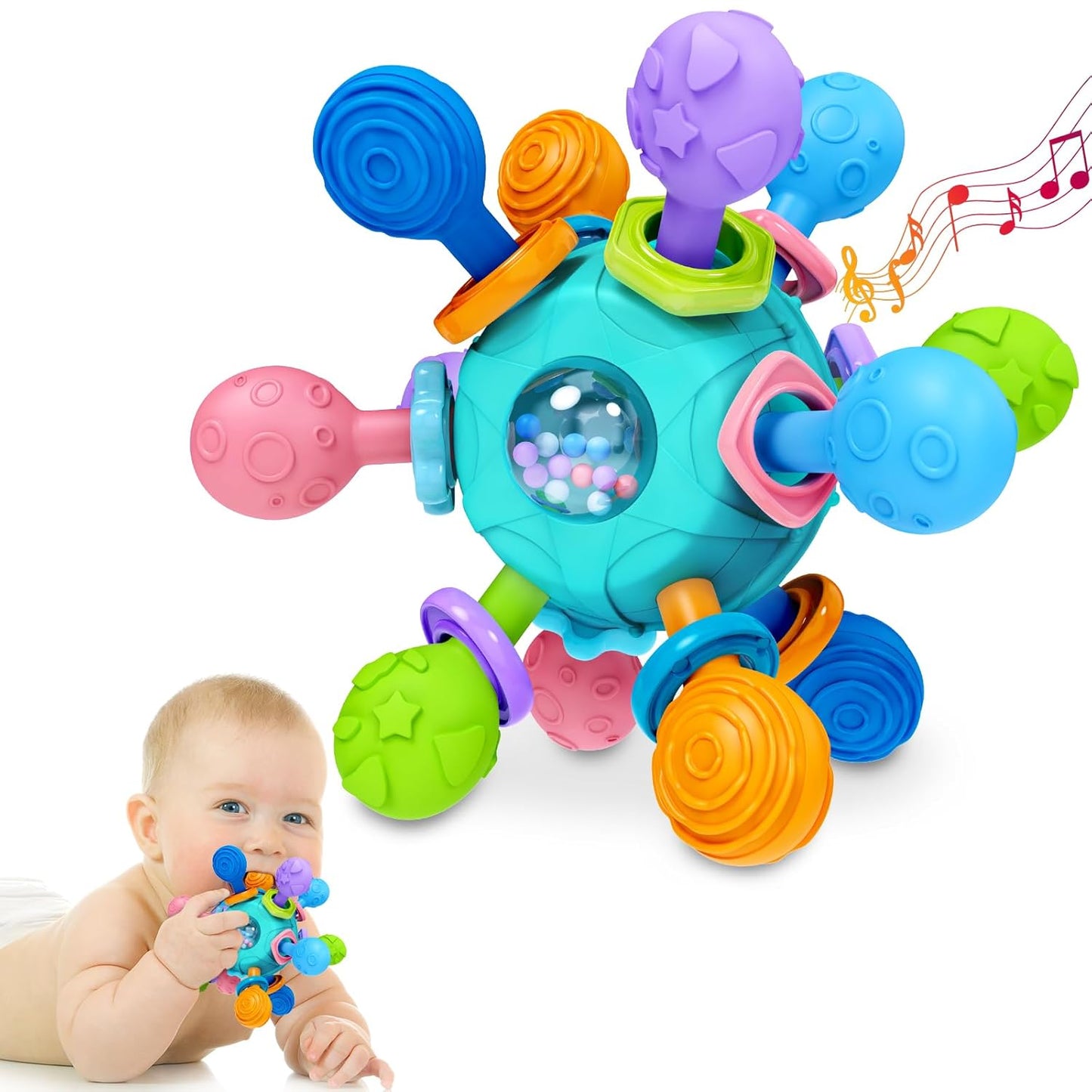 Baby Teething Toy โ Montessori Sensory Teether Ball for 0โ12 Months, Safe Silicone Chew Toy