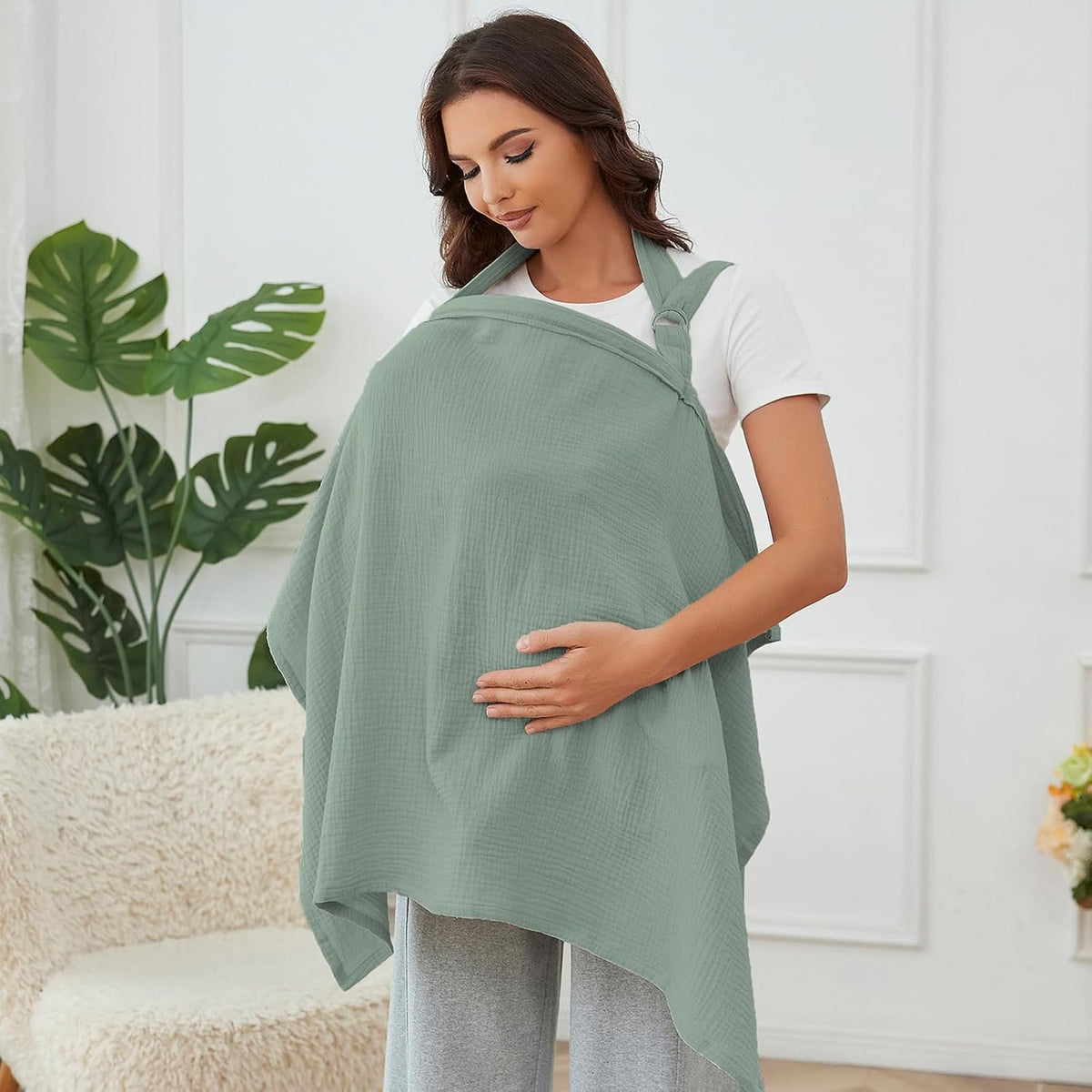 Muslin Nursing Cover for Breastfeeding, Breathable 100% Cotton Privacy Nursing Covers with Rigid Hoop for Mother Nursing Apron, Soft Arch Neckline Nursing Apron (Summer Wheat)