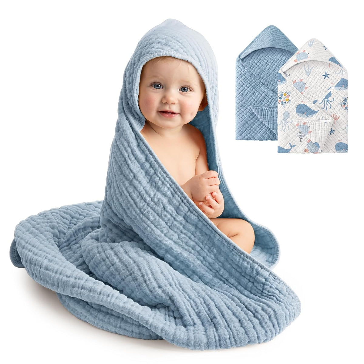 2 Pack Muslin Cotton Hooded Baby Towels 32x32" Soft Absorbent Bath Towels ๐