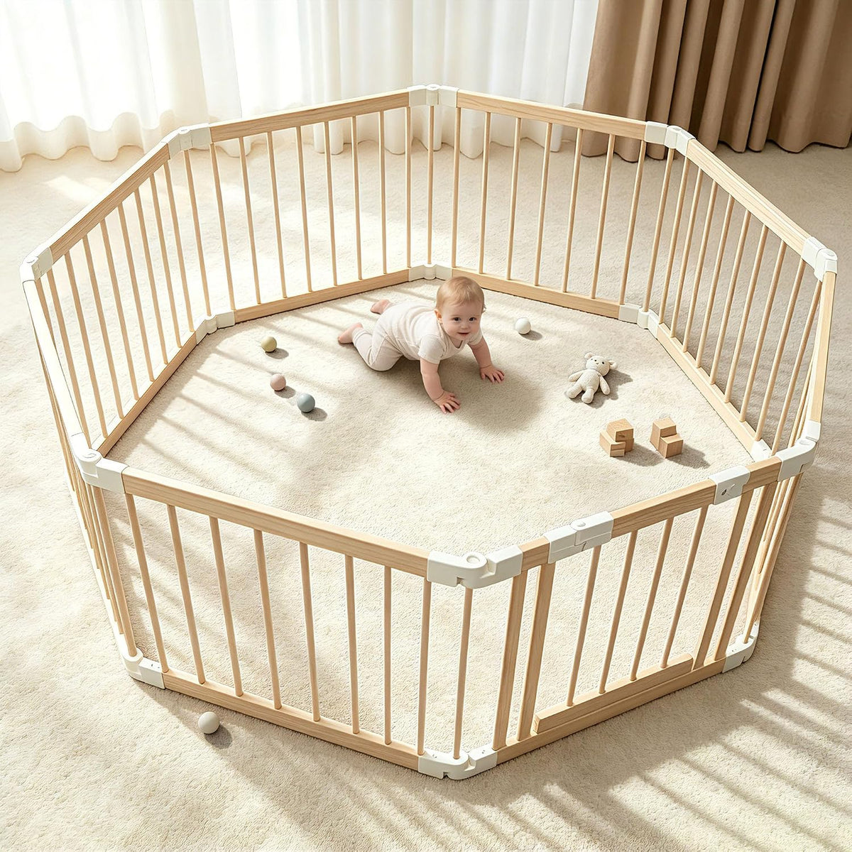 🪵 Baby Gate Playpen – 8 Panels, Foldable Natural Wood