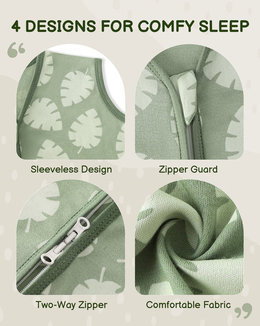 Baby Sleep Sack 6-12 Months, 100% Organic Cotton Wearable Blanket for Babies, 2-Way Zipper TOG 0.5 Lightweight Breathable Baby Sleeping Bag, 4 Sizes-M Leaf&Green