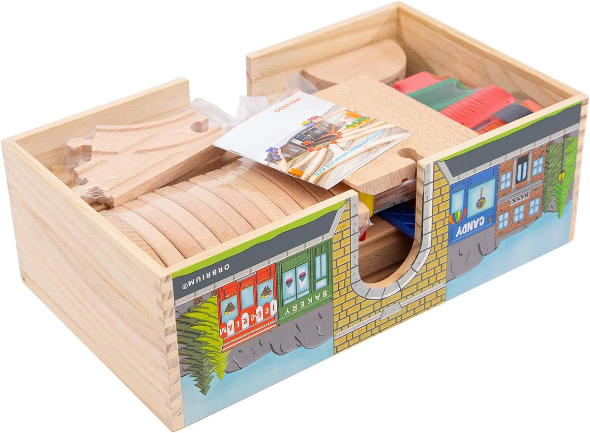 All-In-One 52-Piece Deluxe Wooden Train Set with Storage Box and Tunnel - Perfectly Compatible with Thomas, Brio, and Melissa