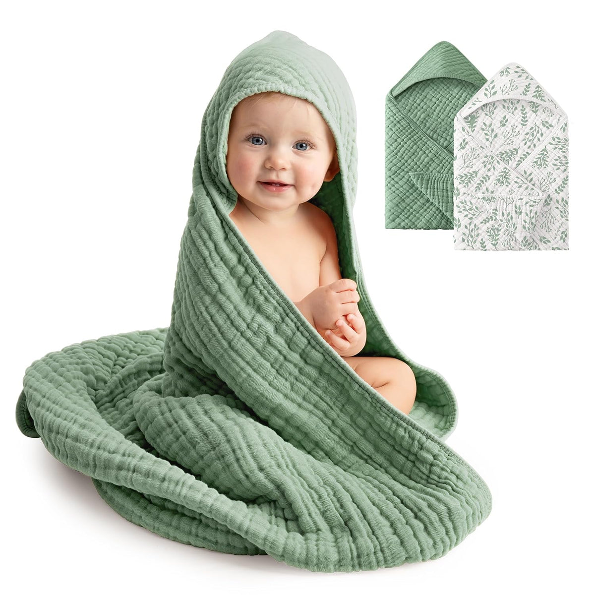 2 Pack Muslin Cotton Hooded Baby Towels 32x32" Soft Absorbent Bath Towels ๐