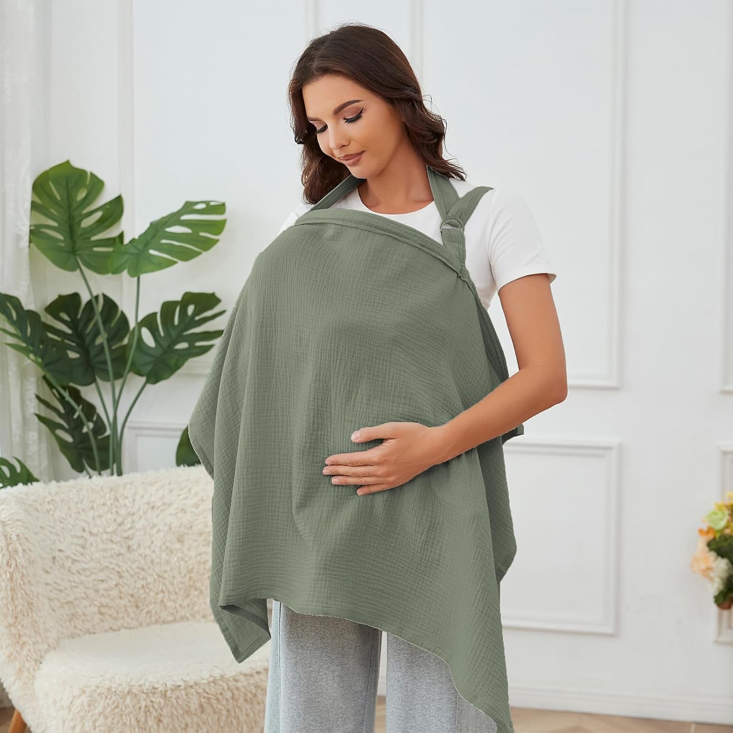 Muslin Nursing Cover for Breastfeeding, Breathable 100% Cotton Privacy Nursing Covers with Rigid Hoop for Mother Nursing Apron, Soft Arch Neckline Nursing Apron (Summer Wheat)
