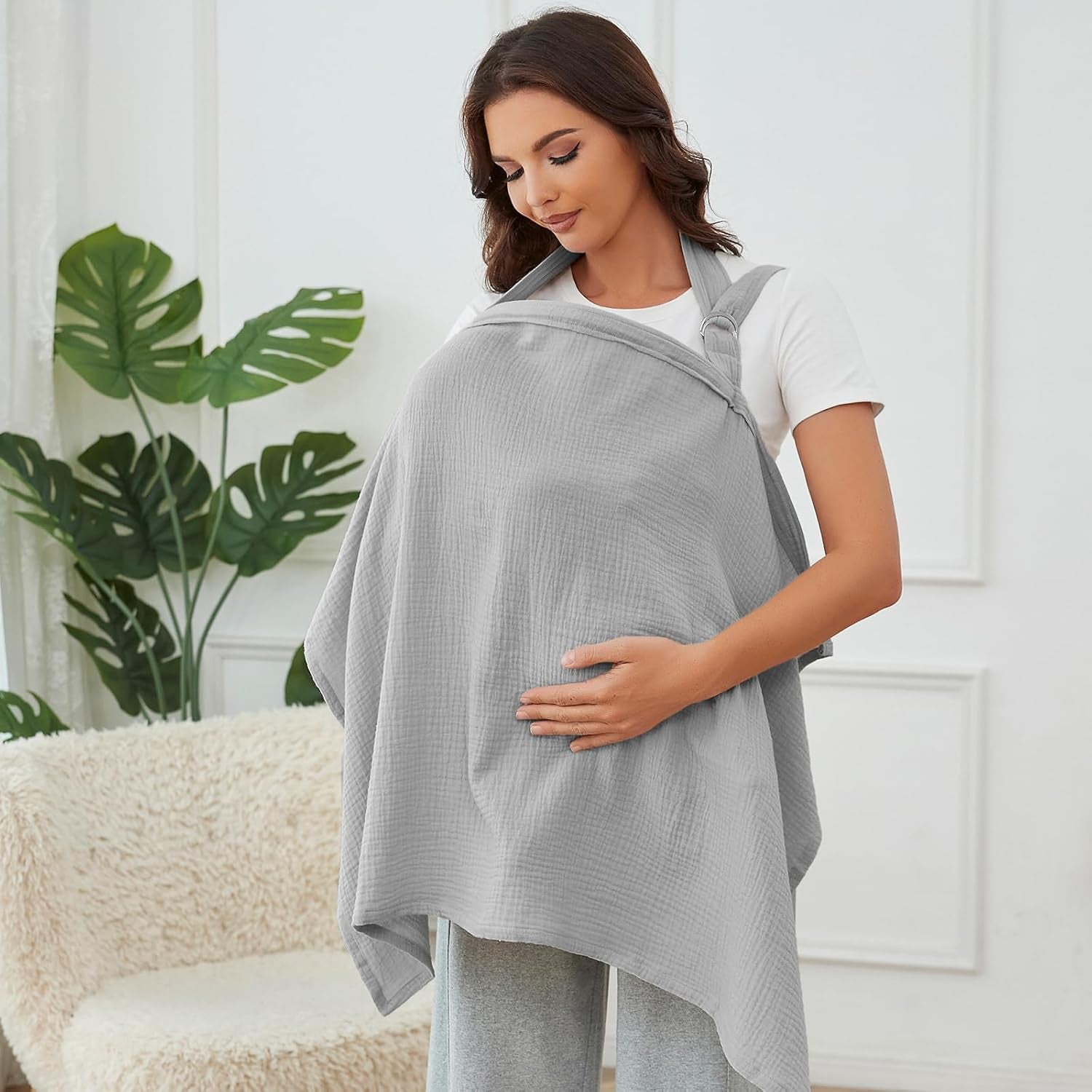 Muslin Nursing Cover for Breastfeeding, Breathable 100% Cotton Privacy Nursing Covers with Rigid Hoop for Mother Nursing Apron, Soft Arch Neckline Nursing Apron (Summer Wheat)