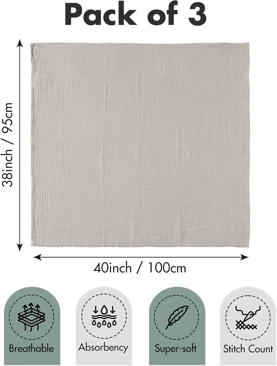 Muslin Swaddle Blankets (3-Pack) – Ultra Soft 100% Cotton Breathable Baby Wraps 38x40” 
