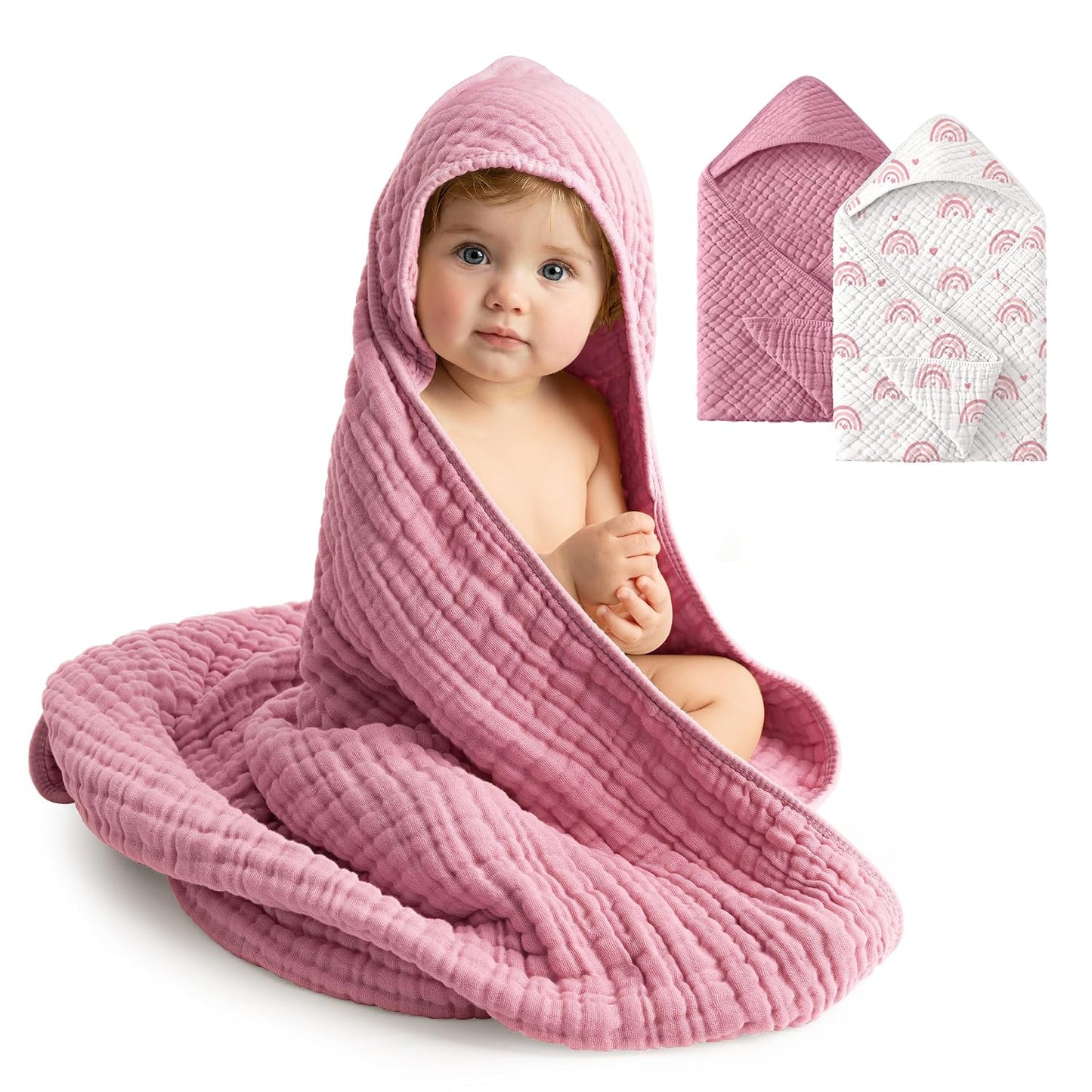 2 Pack Muslin Cotton Hooded Baby Towels 32x32" Soft Absorbent Bath Towels 🚚
