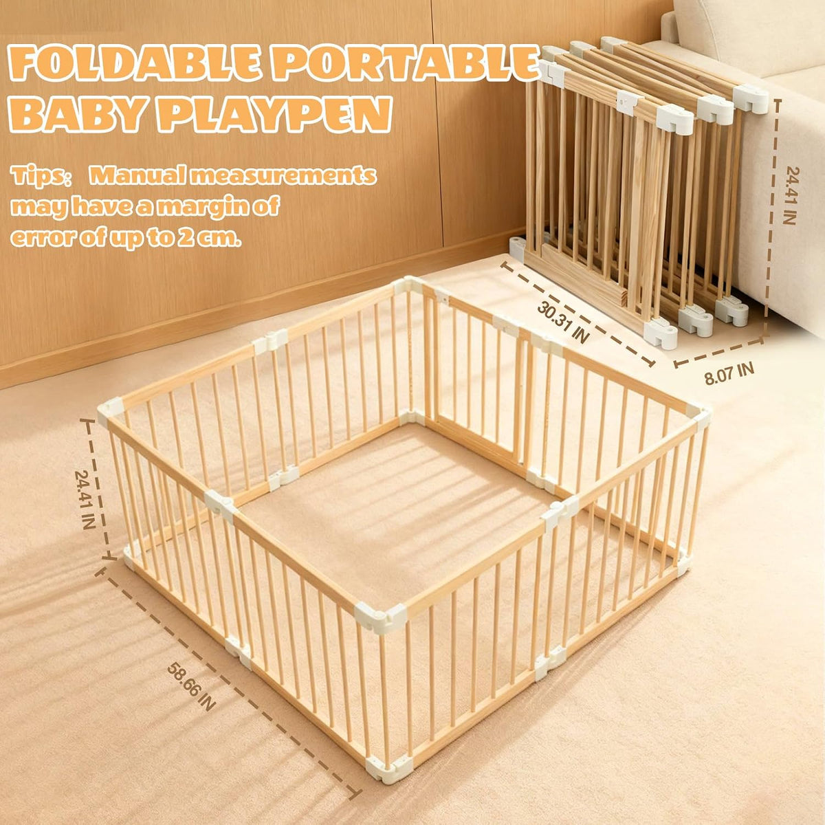 🪵 Baby Gate Playpen – 8 Panels, Foldable Natural Wood