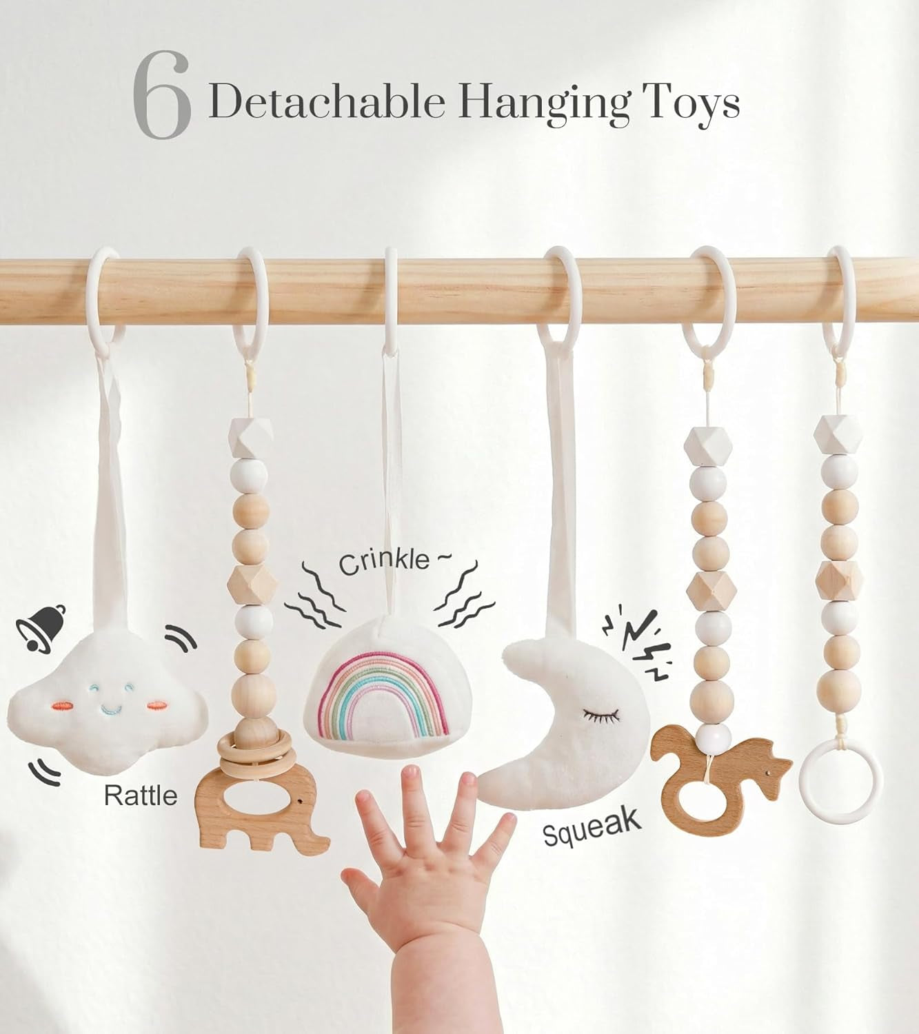 Wooden Baby Play Gym with 6 Toys – Foldable Natural Activity Gym for Sensory & Motor Development 
