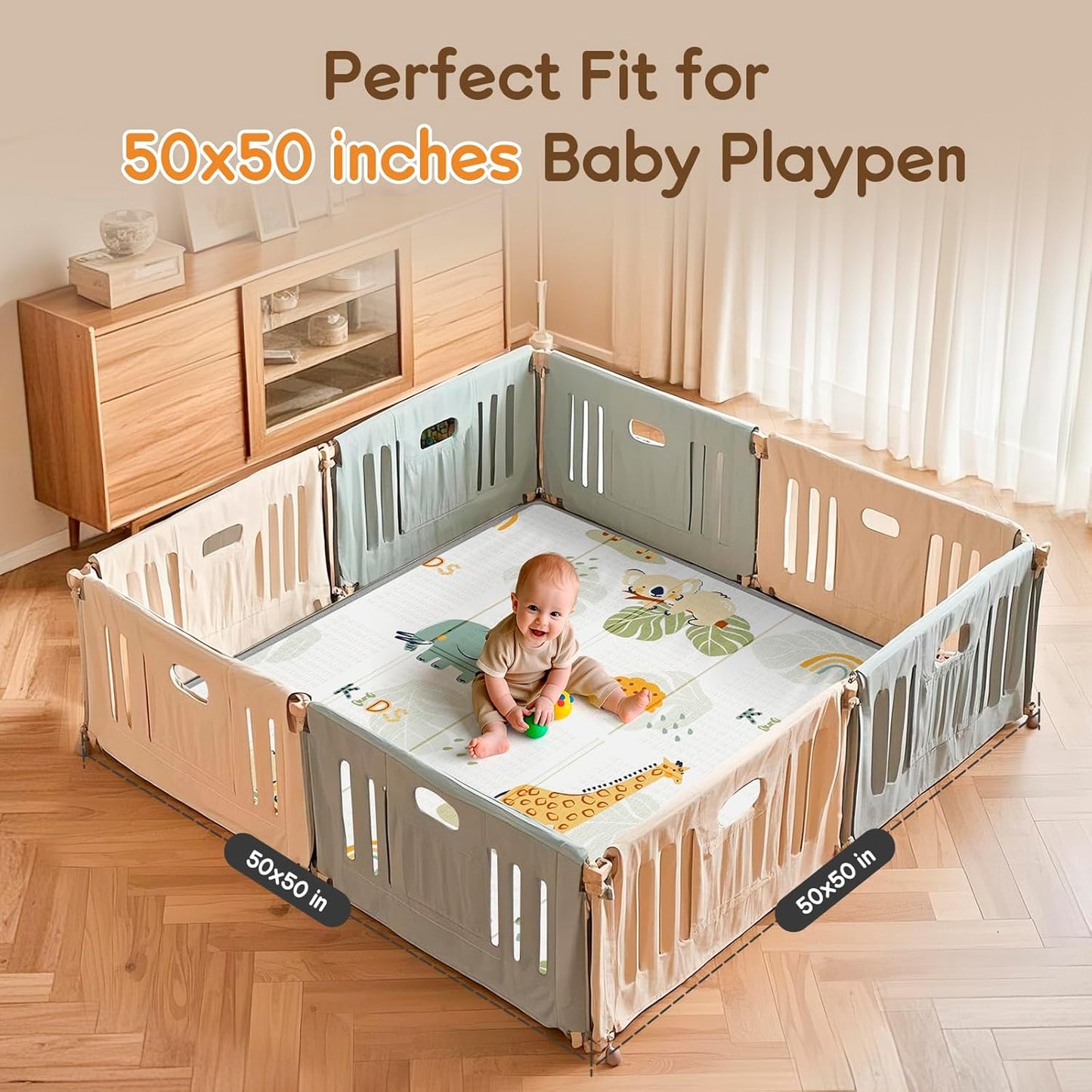 Foldable Baby Play Mat 50x50” – Waterproof Foam Playpen Mat Reversible & Portable (Giraffe & Elephant) 