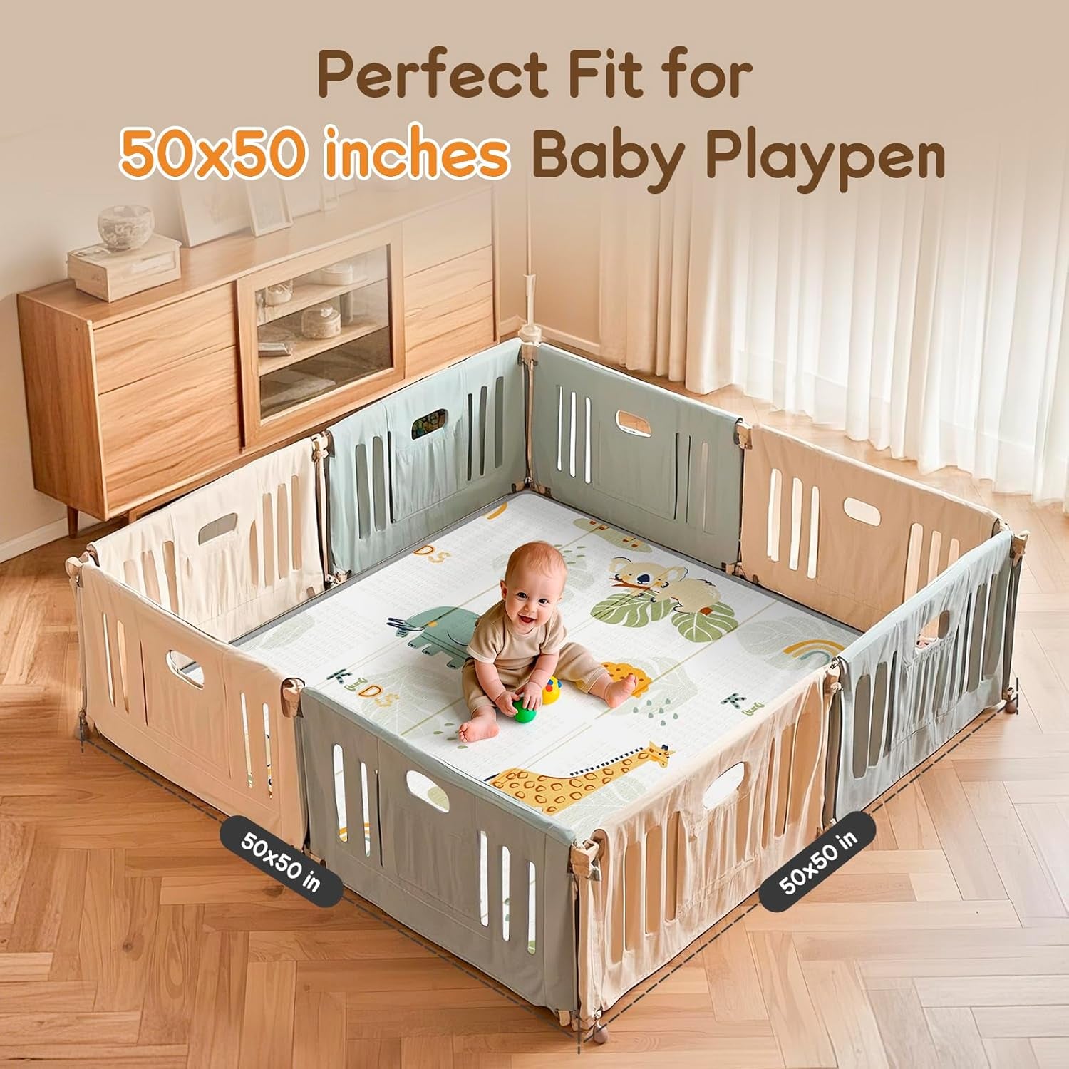 Foldable Baby Play Mat 50x50” – Waterproof Foam Playpen Mat Reversible & Portable (Giraffe & Elephant) 