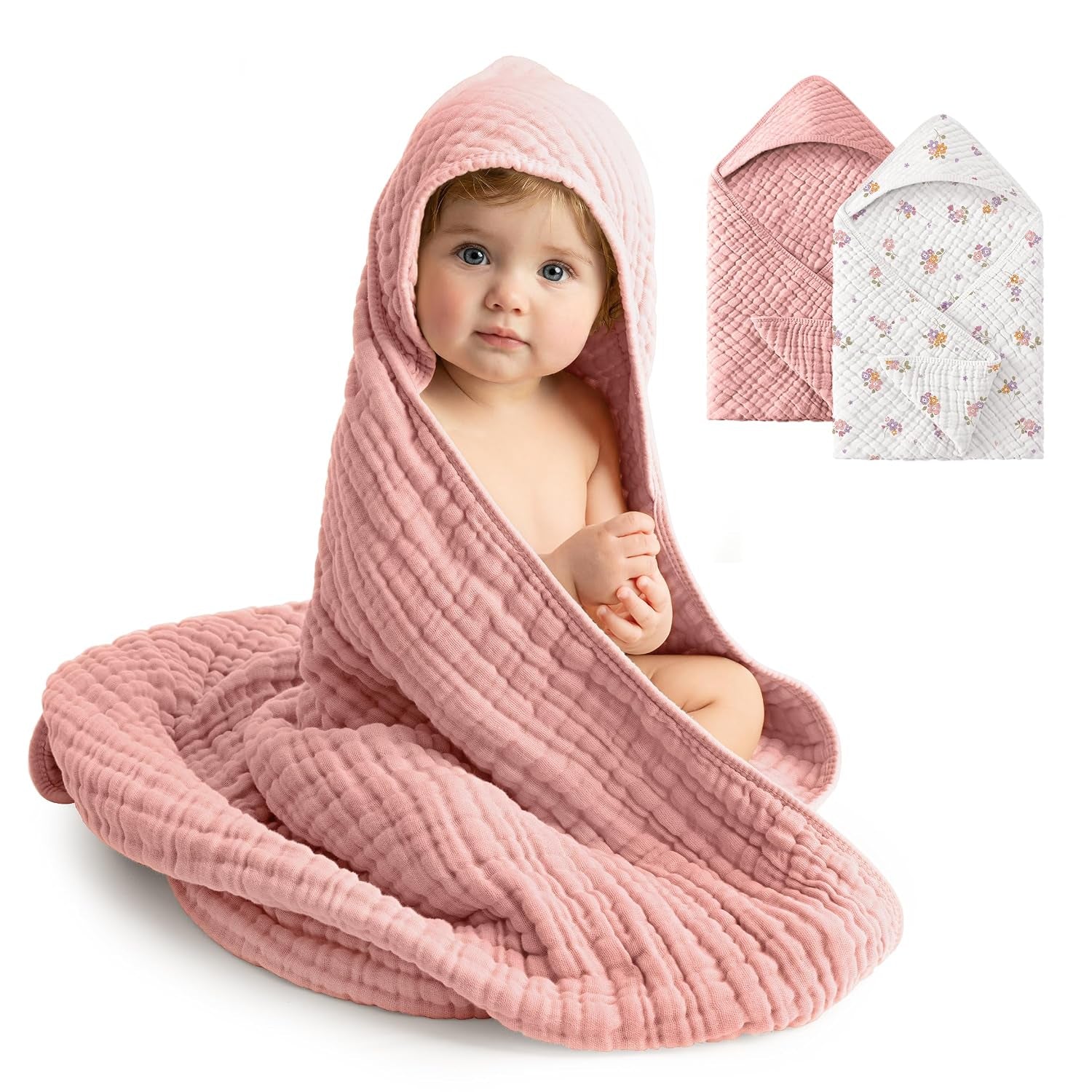 2 Pack Muslin Cotton Hooded Baby Towels 32x32" Soft Absorbent Bath Towels 🚚