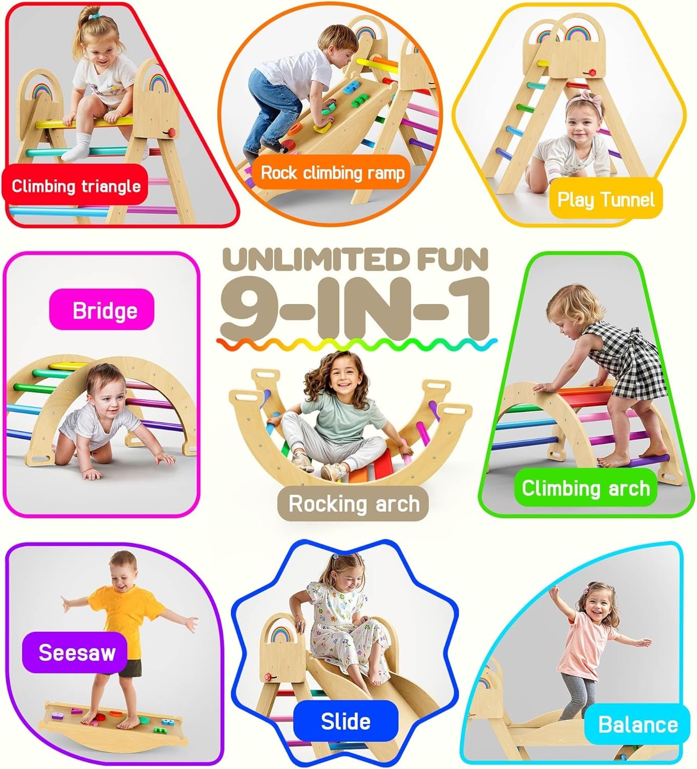✨ Inspire active play, creativity, and confidence with this 9-in-1 Wooden Pikler Triangle Climber Set. Designed to develop balance, coordination, motor skills, and independent learning through safe, screen-free fun.