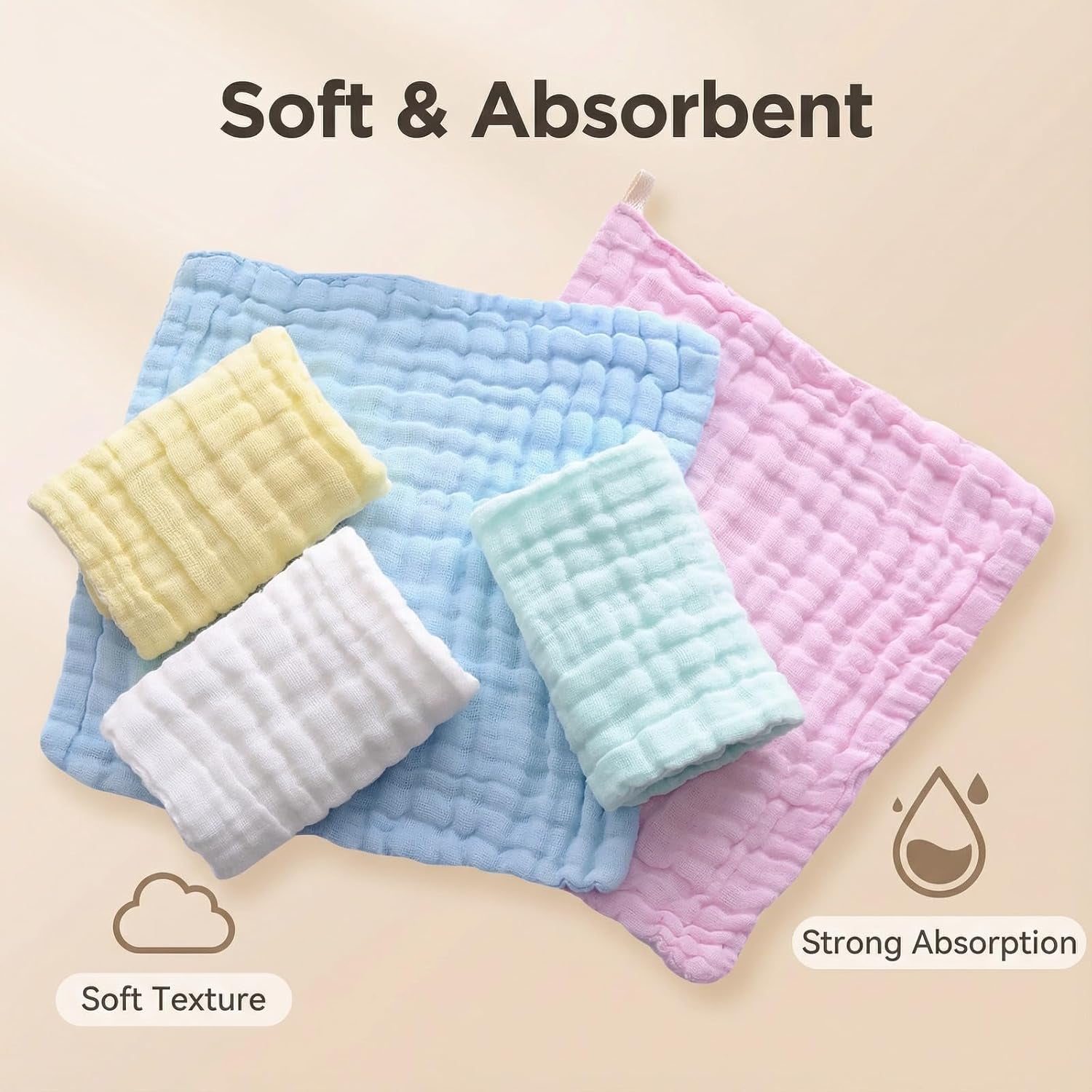 Baby Muslin Washcloths (5-Pack) – 100% Cotton Soft & Absorbent Face Towels for Newborns 
