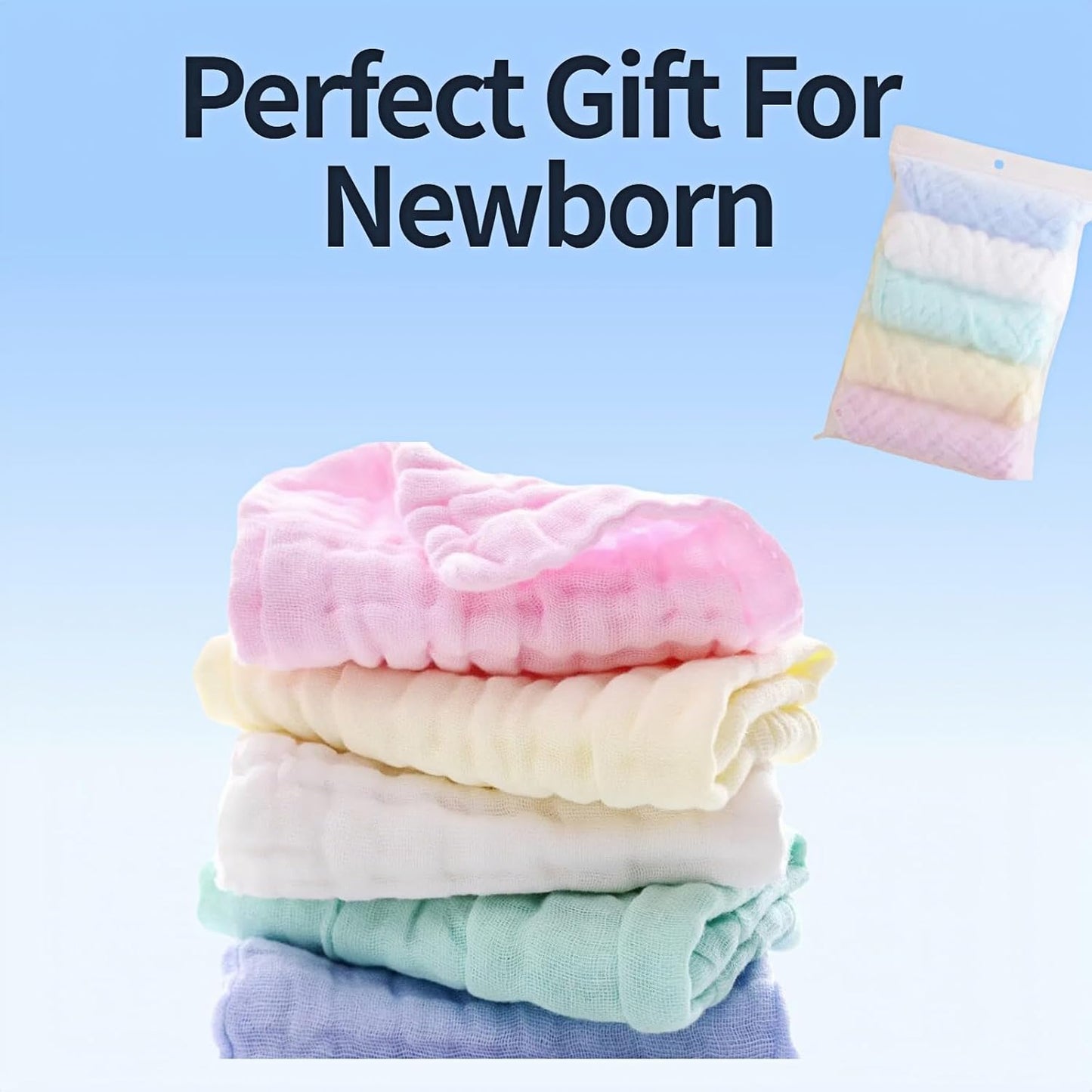Baby Muslin Washcloths (5-Pack) – 100% Cotton Soft & Absorbent Face Towels for Newborns 