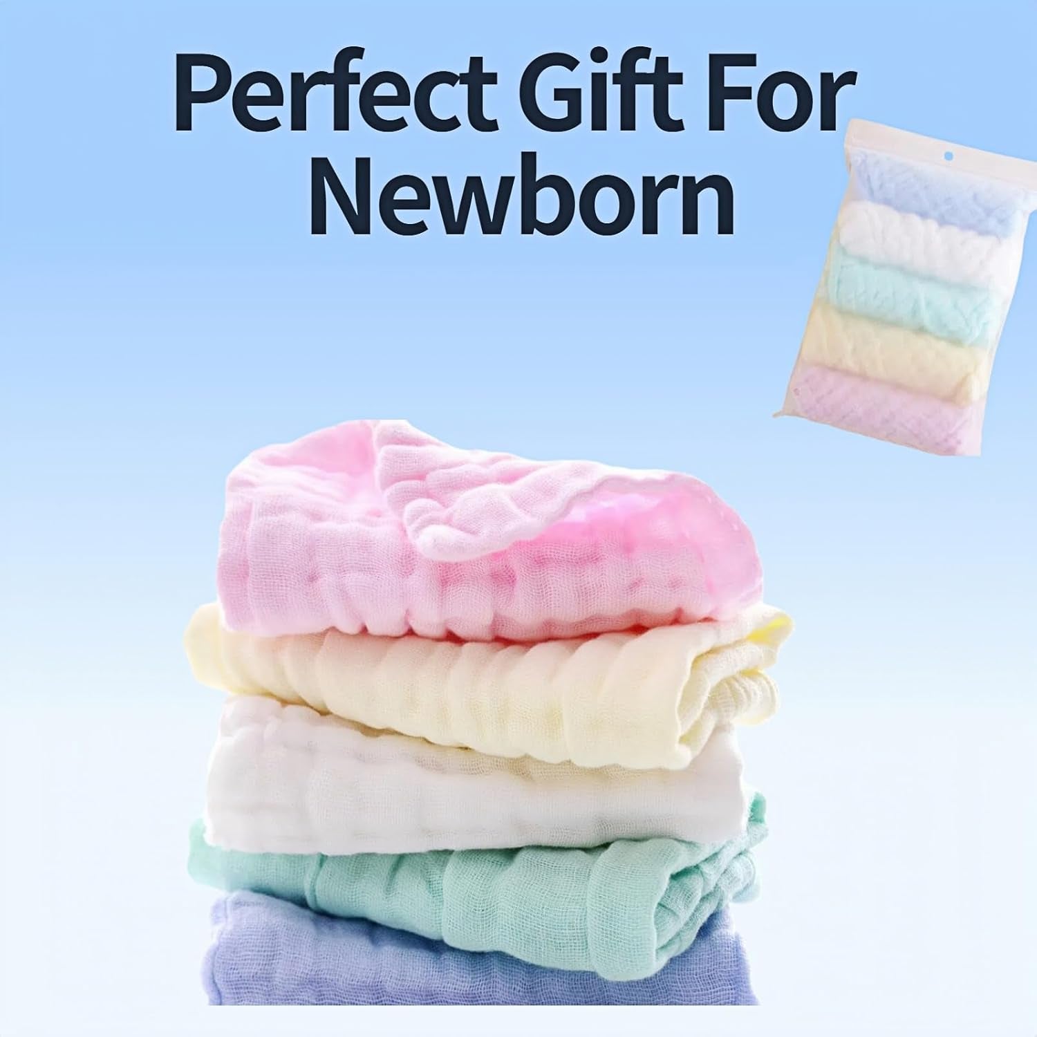 Baby Muslin Washcloths (5-Pack) – 100% Cotton Soft & Absorbent Face Towels for Newborns 
