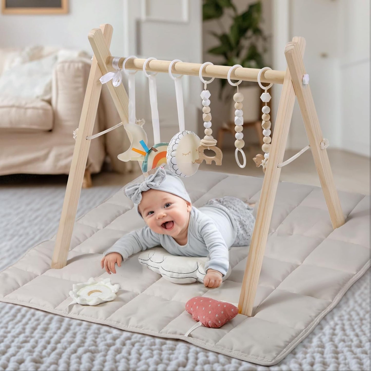 Wooden Baby Play Gym with 6 Toys – Foldable Natural Activity Gym for Sensory & Motor Development 