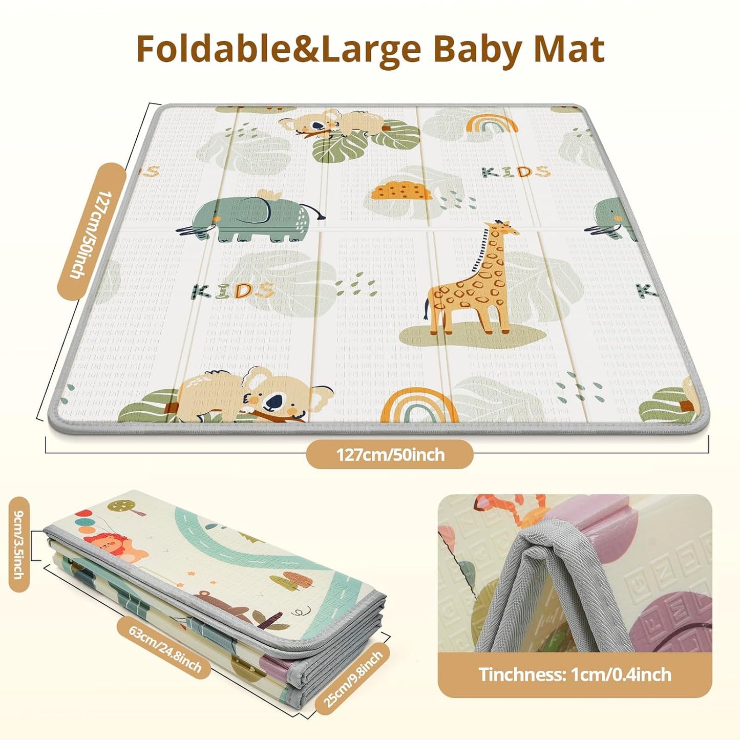 Foldable Baby Play Mat 50x50” – Waterproof Foam Playpen Mat Reversible & Portable (Giraffe & Elephant) 