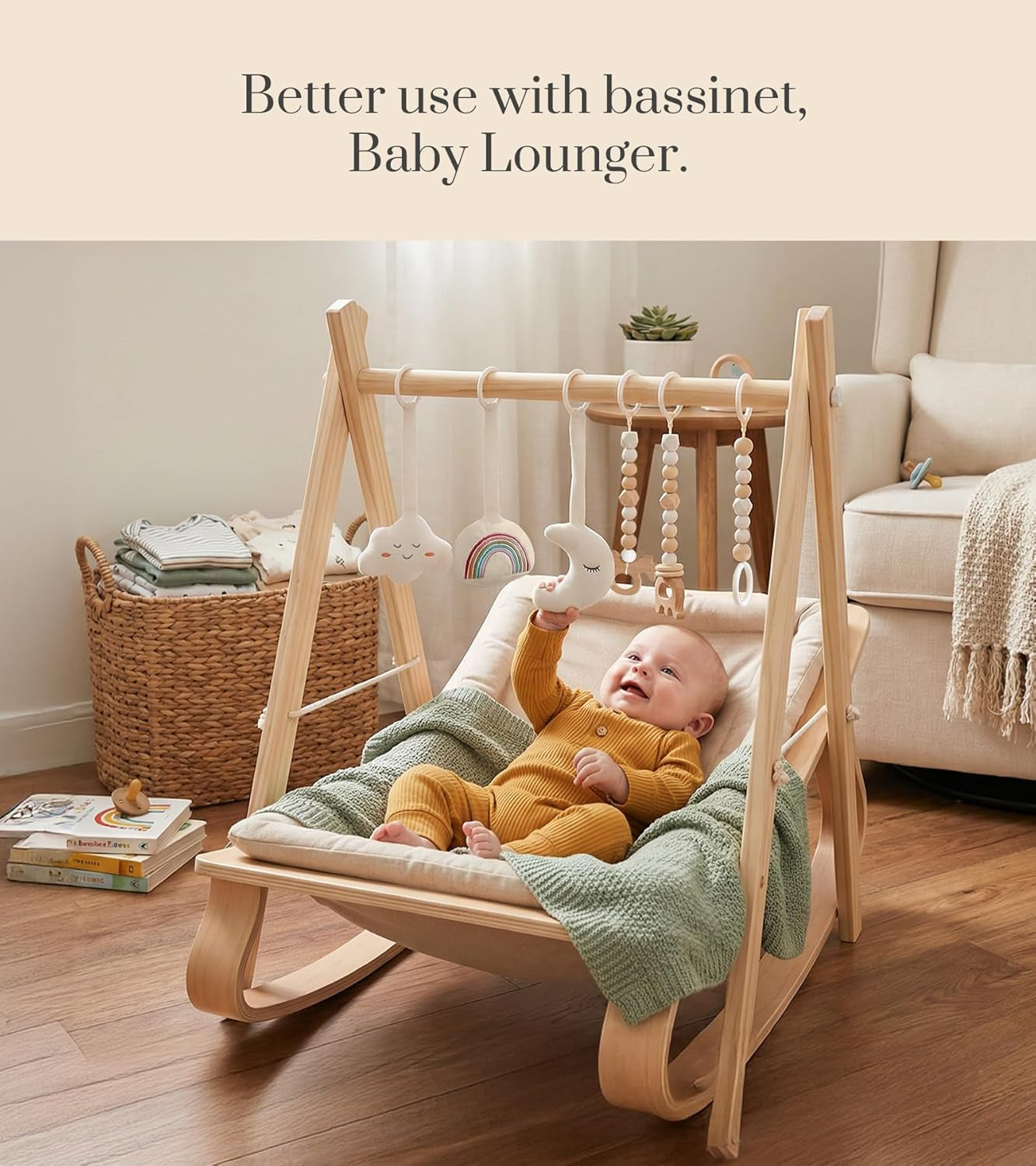 Wooden Baby Play Gym with 6 Toys – Foldable Natural Activity Gym for Sensory & Motor Development 