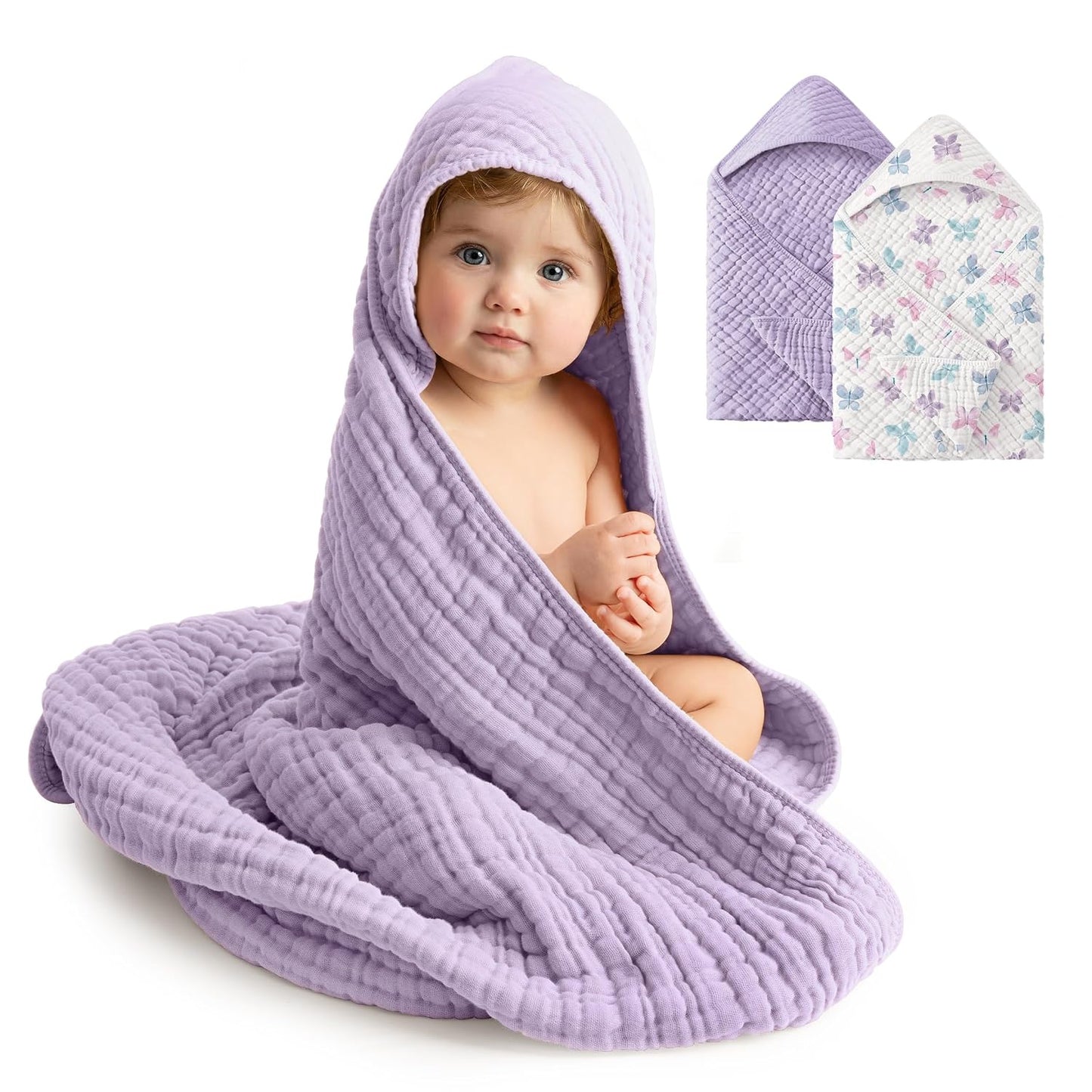 2 Pack Muslin Cotton Hooded Baby Towels 32x32" Soft Absorbent Bath Towels 🚚