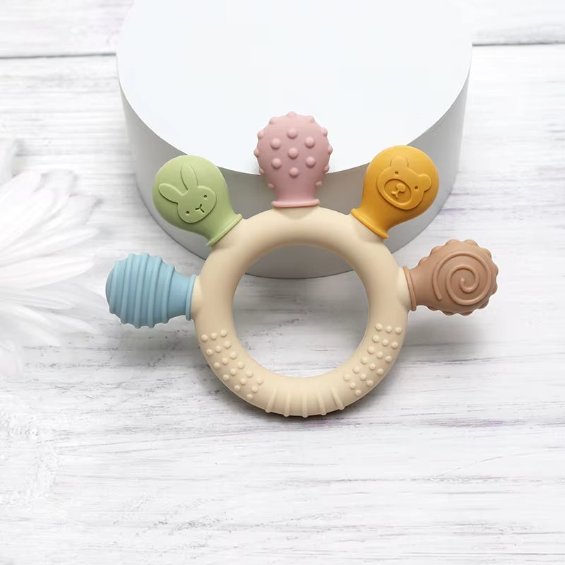 Baby Ring Teether New Hand Multicolor Silicone Anxiety Teething Toys 0-12 Months Chew Beads Sensory Gum Relief Soother Baby