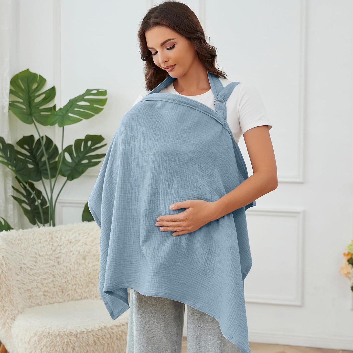 Muslin Nursing Cover for Breastfeeding, Breathable 100% Cotton Privacy Nursing Covers with Rigid Hoop for Mother Nursing Apron, Soft Arch Neckline Nursing Apron (Summer Wheat)