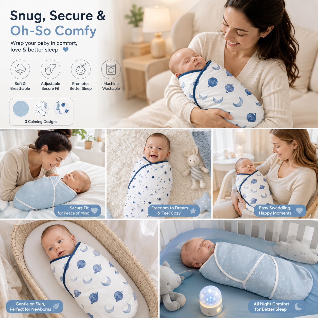 Organic Cotton Baby Swaddle Set (3-Pack) | Soft & Adjustable Newborn Wraps 0–3 Months