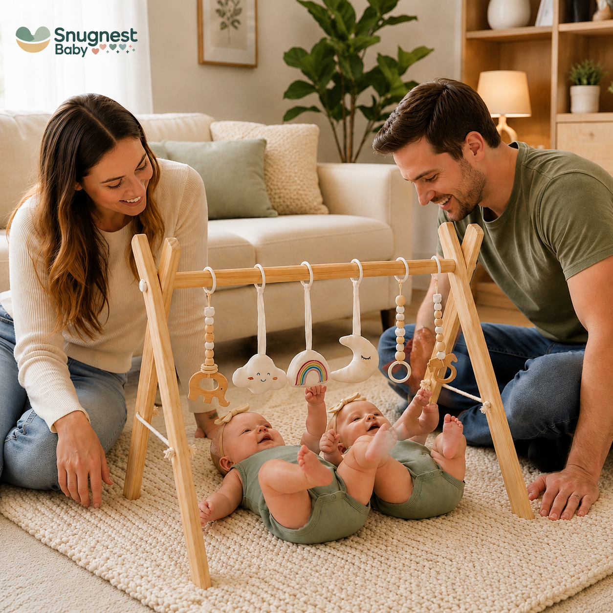 Wooden Baby Play Gym | Foldable Activity Center with Hanging Toys