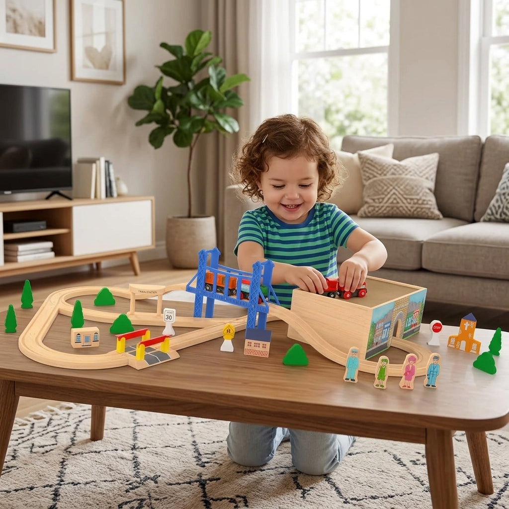All-In-One 52-Piece Deluxe Wooden Train Set with Storage Box and Tunnel - Perfectly Compatible with Thomas, Brio, and Melissa