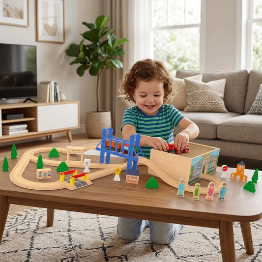 All-In-One 52-Piece Deluxe Wooden Train Set with Storage Box and Tunnel - Perfectly Compatible with Thomas, Brio, and Melissa