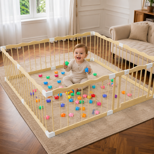 Wooden Baby Playpen | Spacious Play Yard with Lock Gate & Play Balls