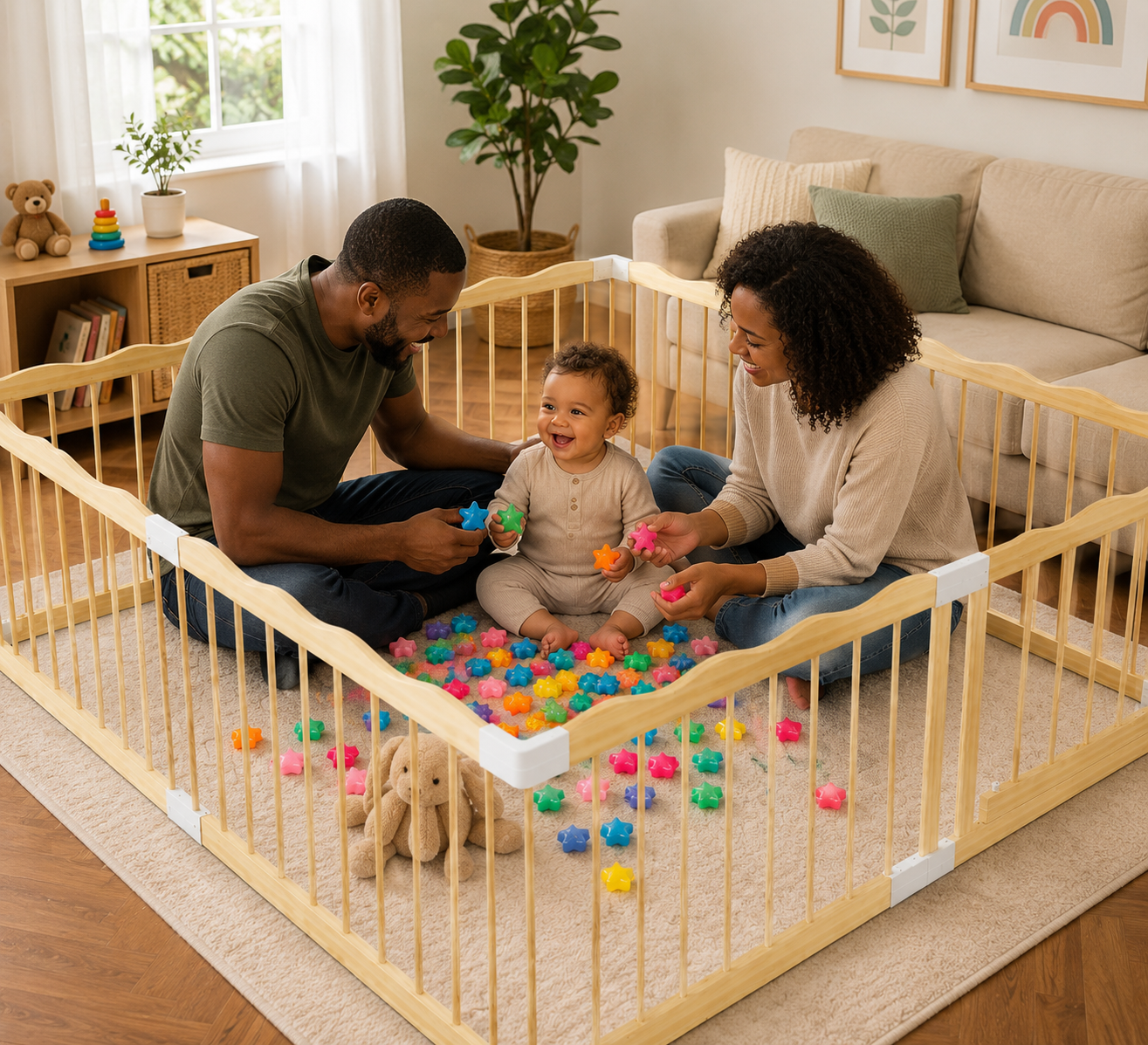 Wooden Baby Playpen | Spacious Play Yard with Lock Gate & Play Balls
