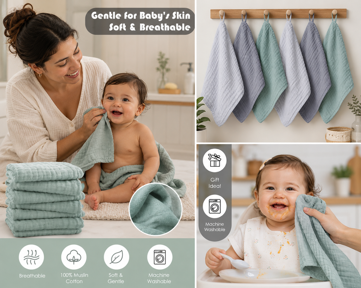 12-Pack Premium Muslin Baby Washcloths