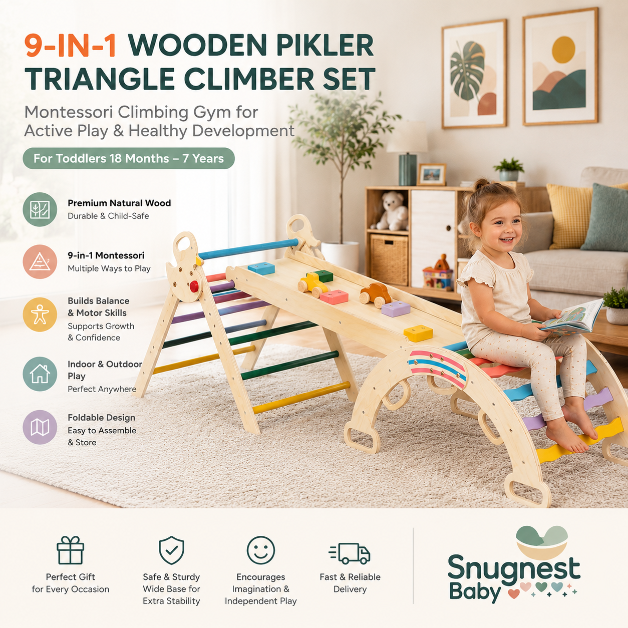 ✨ Inspire active play, creativity, and confidence with this 9-in-1 Wooden Pikler Triangle Climber Set. Designed to develop balance, coordination, motor skills, and independent learning through safe, screen-free fun.