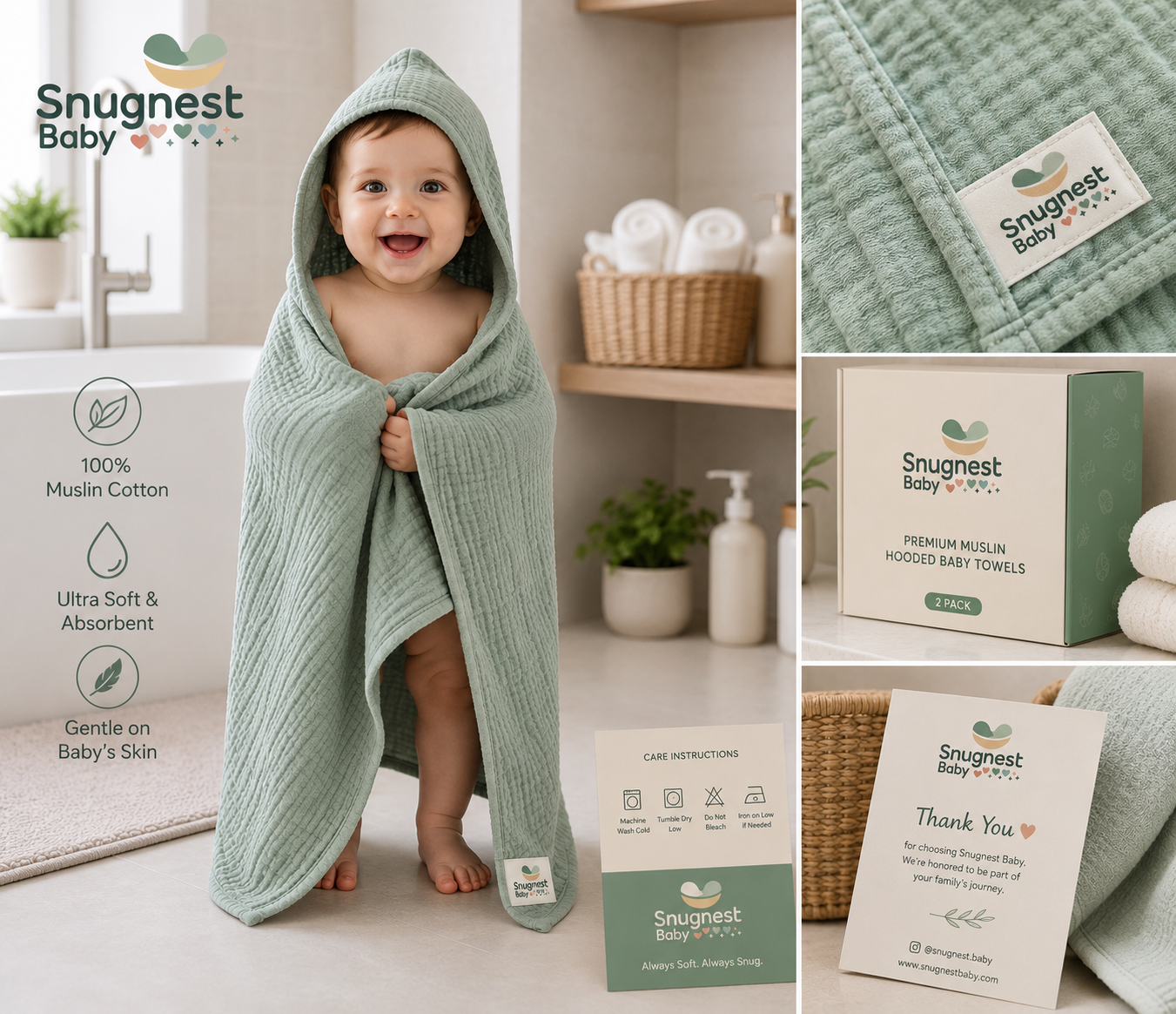 2-Pack Hooded Baby Muslin Towels | 100% Cotton | Soft, Absorbent & Quick-Drying | 32 x 32 Inches | White & Brown