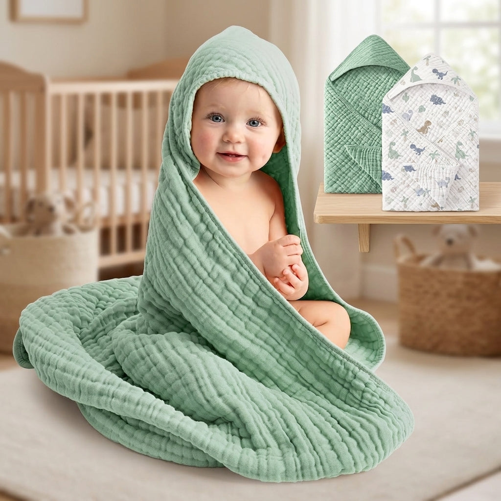 2 Pack Muslin Cotton Hooded Baby Towels 32x32" Soft Absorbent Bath Towels 🚚