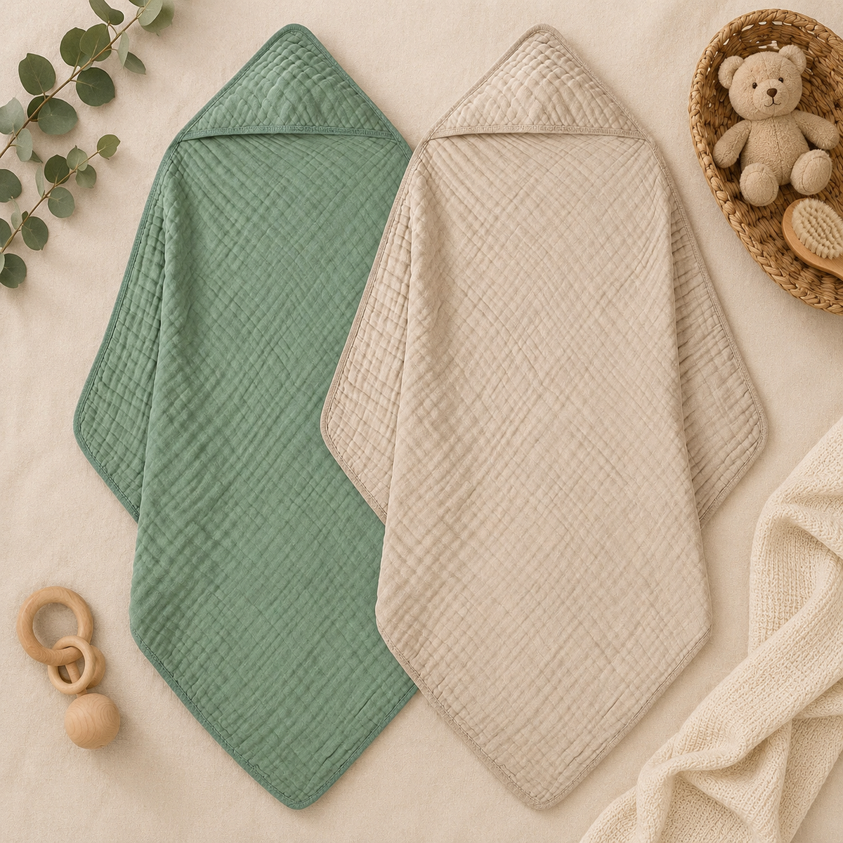 2 Pack Muslin Cotton Hooded Baby Towels 32x32" Soft Absorbent Bath Towels 🚚