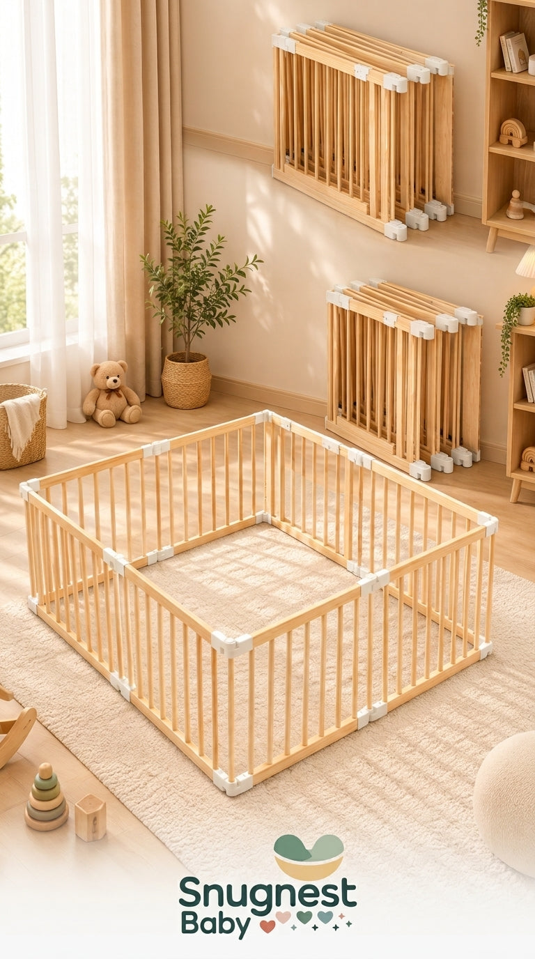 🪵 Baby Gate Playpen – 8 Panels, Foldable Natural Wood
