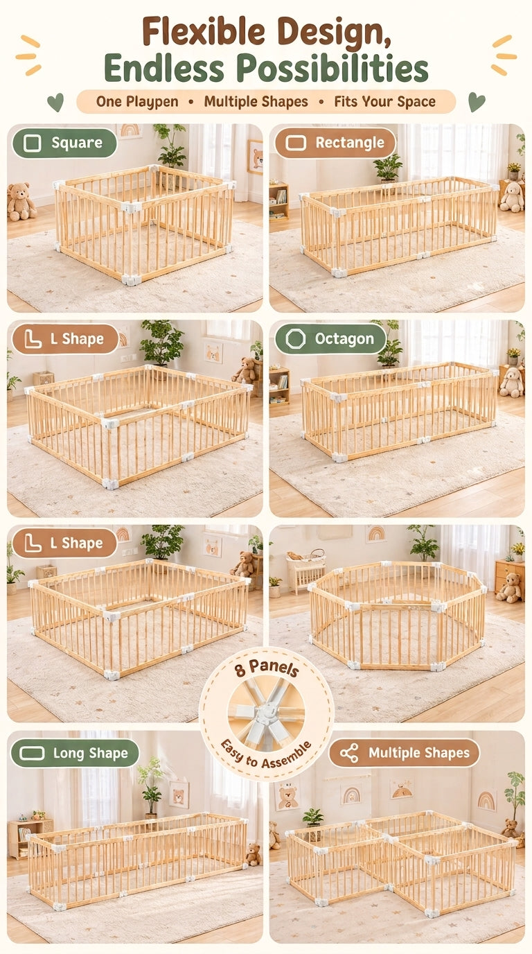 🪵 Baby Gate Playpen – 8 Panels, Foldable Natural Wood