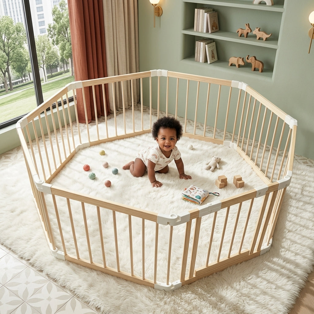 🪵 Baby Gate Playpen – 8 Panels, Foldable Natural Wood