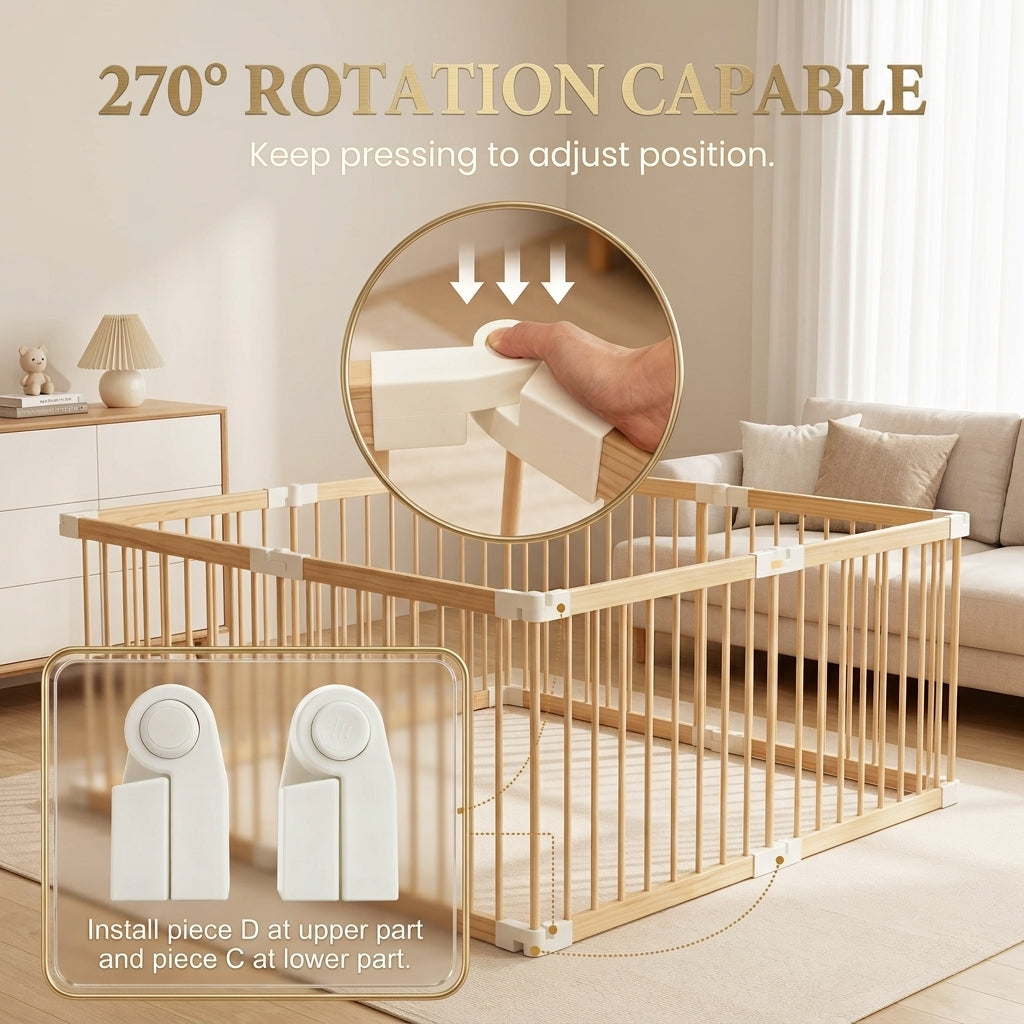 🪵 Baby Gate Playpen – 8 Panels, Foldable Natural Wood