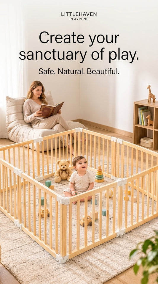 🪵 Baby Gate Playpen – 8 Panels, Foldable Natural Wood