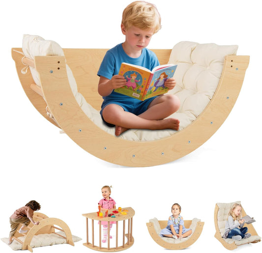 6-in-1 Wooden Arch Climber & Rocker – Montessori Toddler Playset with Cushion & Sensory Table 