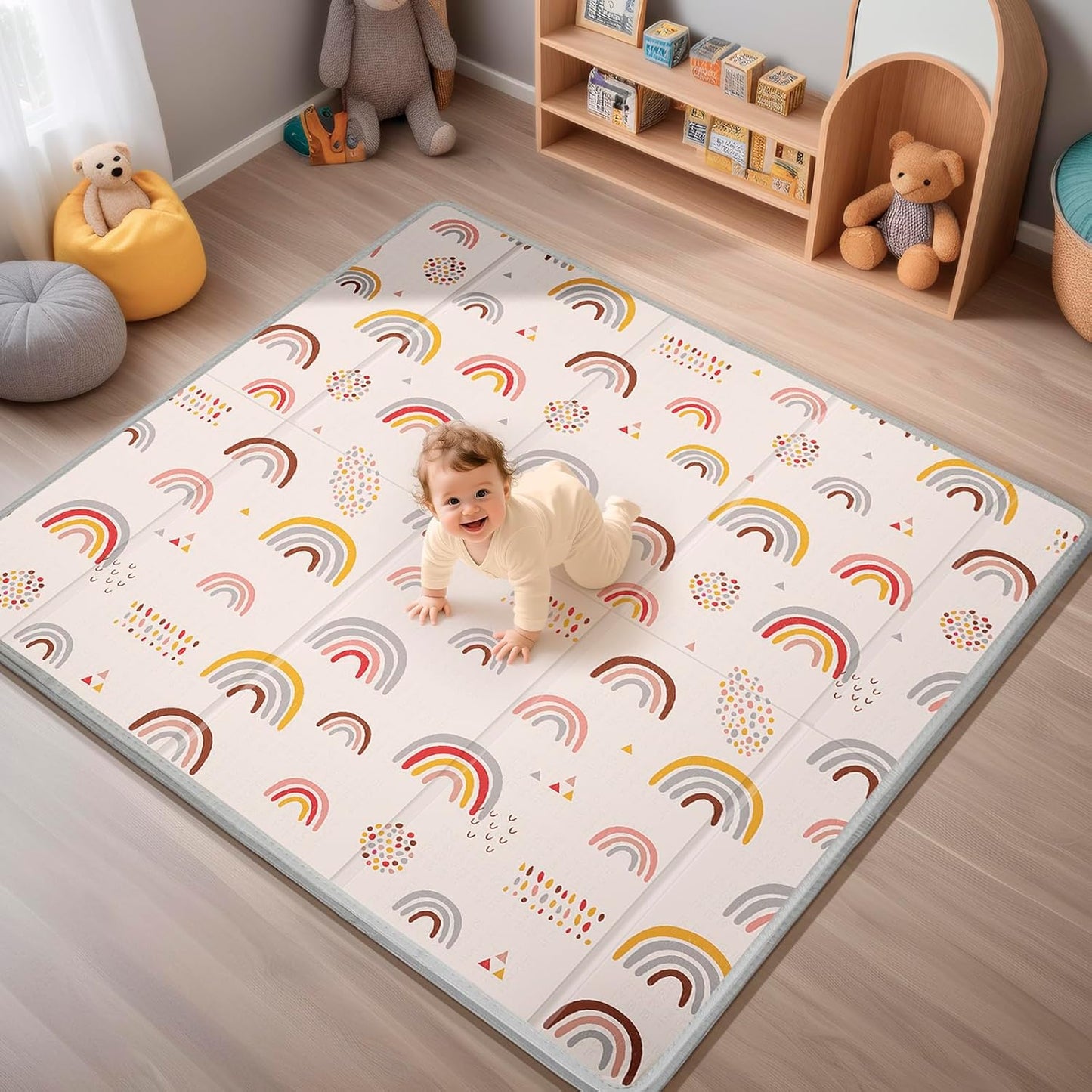 Foldable Baby Play Mat 50x50” – Waterproof Foam Playpen Mat Reversible & Portable (Giraffe & Elephant) 